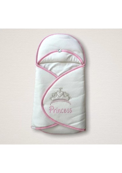 Yenidoğan Princess Nakışlı Çizgi Efektli Kız Bebek Klasik Kundak Bebek Battaniyesi Ekru