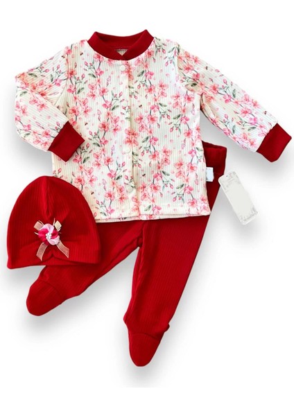 3-6-9-12 Ay Çiçek Baskılı Şapkalı Çıtçıt Kapamalı Patikli 3lü Kız Bebek Takımı Kırmızı