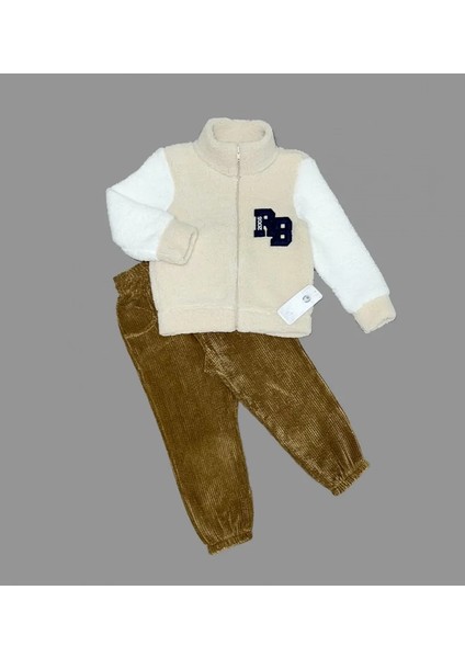 1-2-3 Yaş Kuzu Kumaş Fermuarlı Sweat Kadife Pantolonlu Uzun Kollu Kız Erkek Çocuk 2li Takım Bej