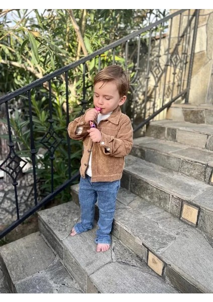 3-4-5 Yaş Fitilli Kadife Ceket Kot Pantolonlu 3lü Kız Erkek Çocuk Takımı Gül Kurusu modelleri