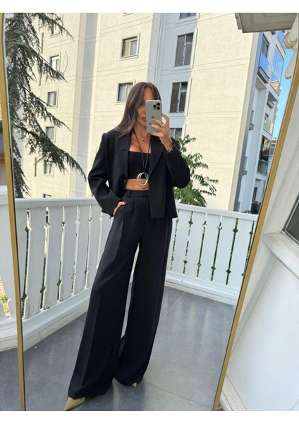 Bol Kesim Standart Beden Tasarım Tek Düğme Detay Muadil Premium Kalite Blazer Ceket Yüksek Bel Tasarım Pantolon Vip Takım