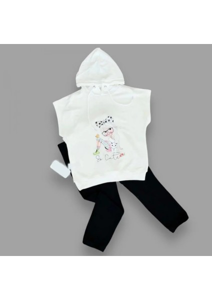 3-4-5 Yaş Kapşonlu Sevimli Kız Baskılı Kısa Kolu 2li Kız Erkek Çocuk Takımı Siyah