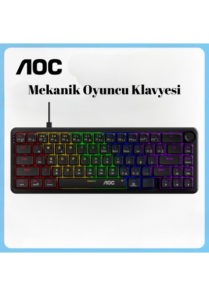 GK320 Mekanik Oyuncu Klavyesi, 66 Tuş Kompakt, Rainbow Aydınlatma, Ses Kontrol Knob, Kablolu USB