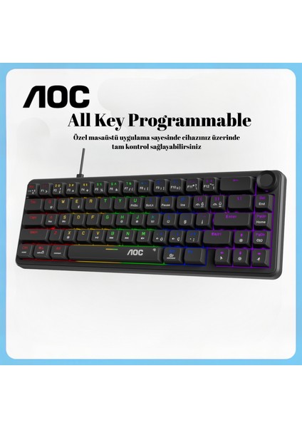 GK320 Mekanik Oyuncu Klavyesi, 66 Tuş Kompakt, Rainbow Aydınlatma, Ses Kontrol Knob, Kablolu USB