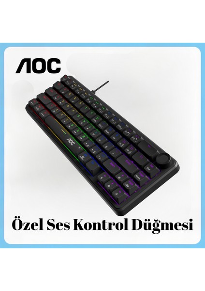 GK320 Mekanik Oyuncu Klavyesi, 66 Tuş Kompakt, Rainbow Aydınlatma, Ses Kontrol Knob, Kablolu USB