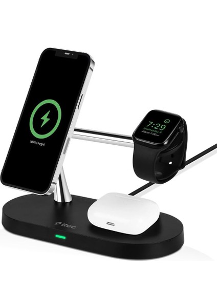 Aircharger Quattro M Magsafe Uyumlu +Watch+Airpods LED Li Kablosuz Hızlı Şarj Standı Siyah