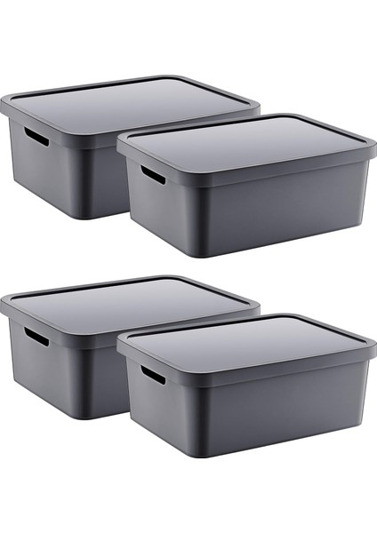 4&apos;lü Set Stafi Çok Amaçlı Kapaklı Kutu 12 Lt - Antrasit, Çok Amaçlı Kapaklı Kutu, Ev-Ofis-Depo Için, Kapaklı Saklama Kutusu