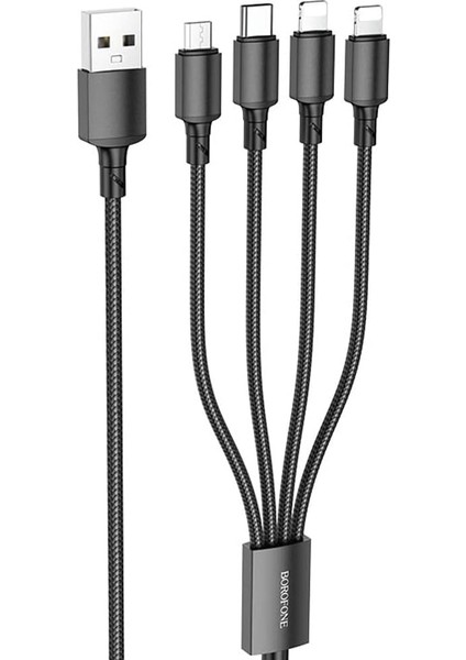 Borofone 4in1 USB Kablo Lightning + Micro + Type-C 4&apos;ü 1 Arada Lightning/micro-Usb/usb-C Için Şarj Kablosu 1metre 2A Akım BX72 (2x Lightning+Type-C+Micro Uçlu Kablo)