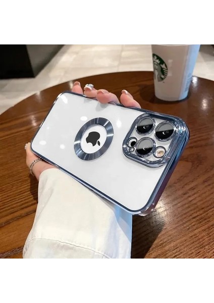 Aksesuar 15 Pro Max ile Uyumlu Laser Şeffaf Parlak Arka Yüzey ve Logo Detaylı Kenarları Silikon Yapıya Sahip Lens Kılıf (Mavi)