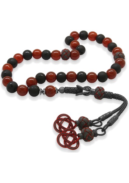 1000 Ayar Gümüş Kazaz Püsküllü Küre Kesim Kırmızı Siyah Ayyıldız Oniks Akik Doğaltaş Taraftar Tesbih