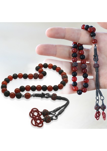 1000 Ayar Gümüş Kazaz Püsküllü Küre Kesim Kırmızı Siyah Ayyıldız Oniks Akik Doğaltaş Taraftar Tesbih fiyatları