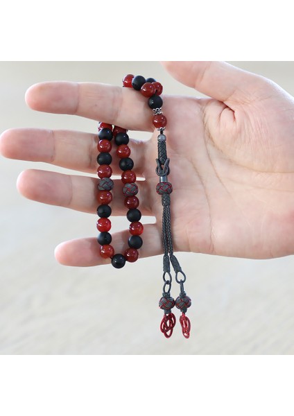 1000 Ayar Gümüş Kazaz Püsküllü Küre Kesim Kırmızı Siyah Ayyıldız Oniks Akik Doğaltaş Taraftar Tesbih fırsatları