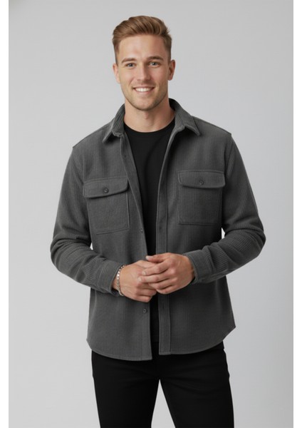 Füme Cepli Likralı Kadife Kumaş Rahat Kesim Erkek Gömlek – Yumuşak Dokulu, Şık Tasarım Gömlek 2600759