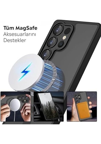 Için Kılıf Kamera Korumalı Mag-Safe Şarj Özellikli Mat Şeffaf Renkli Kılıf (Siyah, S23 Ultra) fiyatları