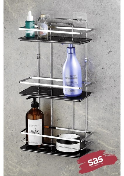 Haus Yapışkanlı Ömür Boyu Paslanmaz Ayarlanabilir Raf Düzenleyici Şampuanlık Krom Siyah Lş-03
