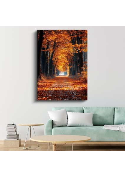 Sonbahar Patikası - Altın Sarısı Yapraklarla Kaplı Orman Yolu Kanvas Tablo