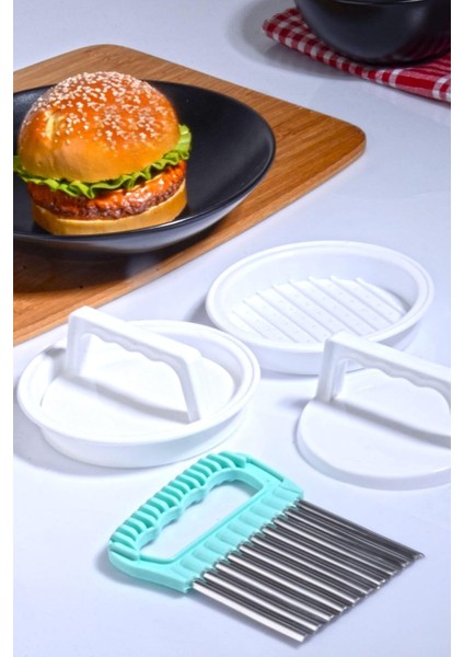 Diyarı 3&apos;lü Set - 2 Adet Hamburger ve Köfte Kalıbı Şekillendirici ve Şekilli Patates Dilimleyici