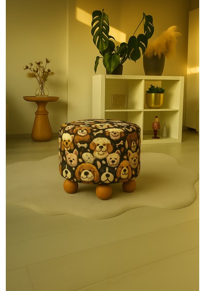 pufo dekoratif - renkli - köpek figürlü - gürgen ayaklı - yuvarlak puf - çok amaçlı kullanım - modern bench