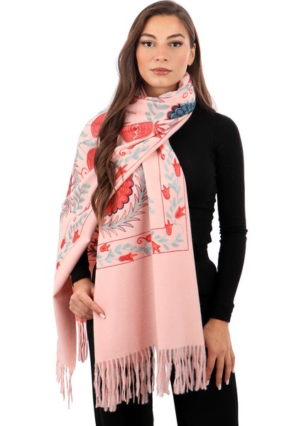 Pembe Nakışlı Kışlık Şal