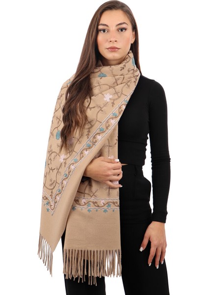 Açık Bej Nakışlı Kışlık Şal