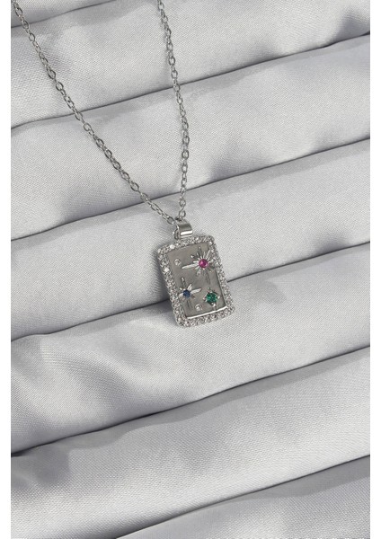 316L Çelik Zincir Gümüş Renk Renkli Zirkon Taşlı Vintage Kolye - Lisinya