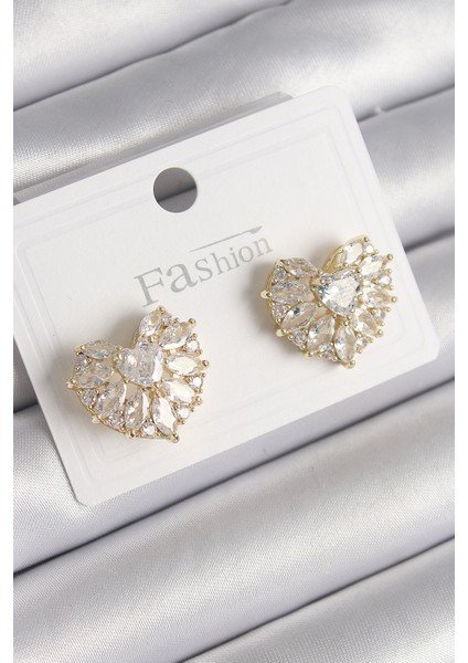 Pirinç Gold Renk Zirkon Taşlı Kalp Model Kadın Küpe - Lisinya