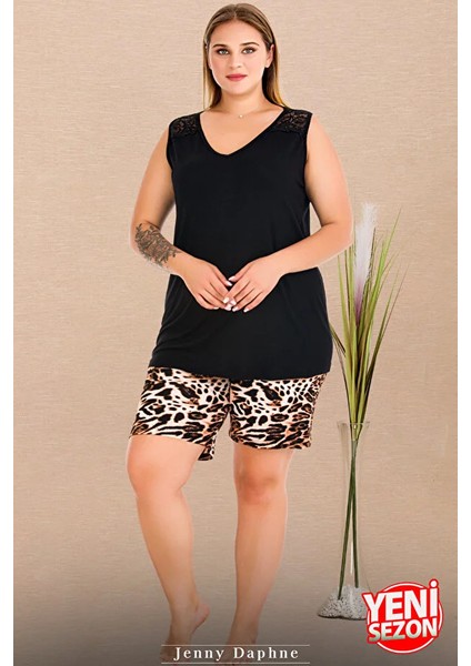 Lady Büyük Beden Leopar Desenli Şort Sıfır Kol V Yaka Kısa Kol Şortlu Pijama Takımı