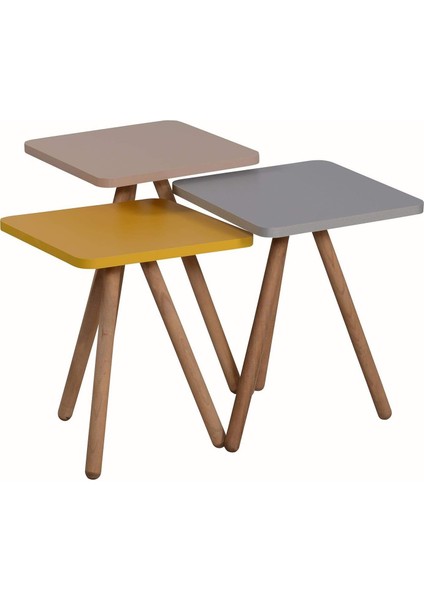 Renkli Üçlü Zigon Sehpa Ahşap Ayaklı Kare Pastel Tasarım Gri Sarı Cappuccino