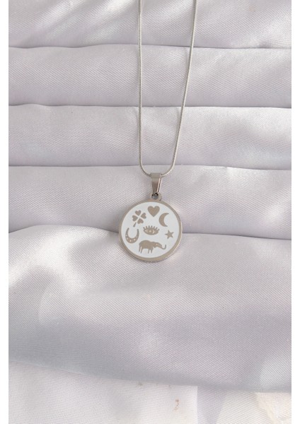 316L Çelik Gümüş Renk Beyaz Mineli Karışık Figürlü Tarot Kolye - Lisinya