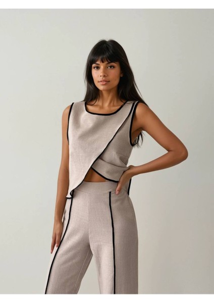 Kadın Bej Çizgili Yırtmaçlı Pantolon - 10786