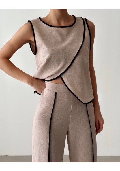 Kadın Bej Çizgili Yırtmaçlı Pantolon - 10786 fiyatları