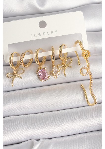 Pirinç Gold Renk Sallantı Kurdele Model Pembe Kare Zirkon Taşlı Kadın Küpe Seti - Lisinya