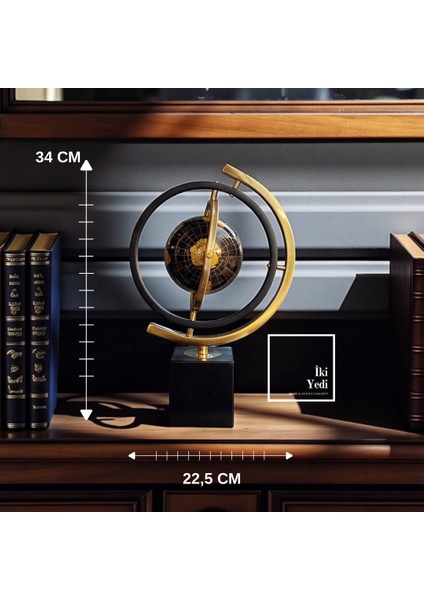 Ortiz Dekoratif Dünya Küresi Obje, Metal Sarı Siyah Masaüstü Globe Ofis Hediyesi ve Ev Dekorasyonu