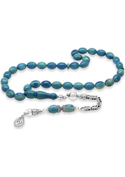 925 Ayar Gümüş Kral Zincir Püsküllü Arpa Kesim Turkuaz Mavi Sıkma Kehribar Tesbih