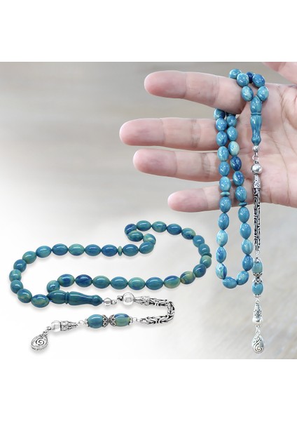 925 Ayar Gümüş Kral Zincir Püsküllü Arpa Kesim Turkuaz Mavi Sıkma Kehribar Tesbih fiyatları