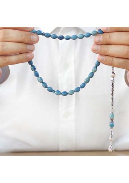 925 Ayar Gümüş Kral Zincir Püsküllü Arpa Kesim Turkuaz Mavi Sıkma Kehribar Tesbih fırsatları