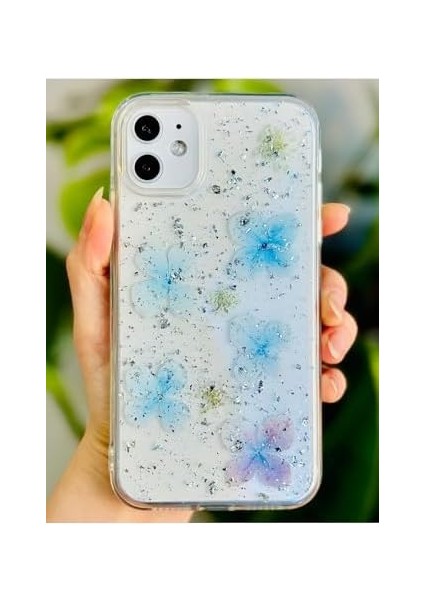 Go Aksesuar 11 ile Uyumlu Epoksili Mavi Simli Çiçek Tasarımlı Oyuncaklı Esnek Silikon Kılıf fiyatları