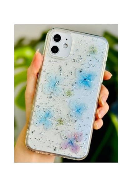 Go Aksesuar 11 ile Uyumlu Epoksili Mavi Simli Çiçek Tasarımlı Oyuncaklı Esnek Silikon Kılıf modelleri