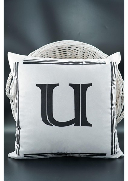 Harfli Kırlent Kılıfı Kadife 43X43 cm Çift Taraflı U Harfi Kedi Desenli Evlilik Teklifi Doğum Günü