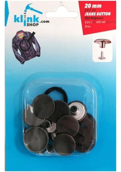 Düğme 20 mm Kendin Yap Kiti, Kot Kot Mont Için Çekiçle Uygulama Aparatları ve 8 Adet Çivili Düğme Takım-Paslanmaz Pirinç Siyah