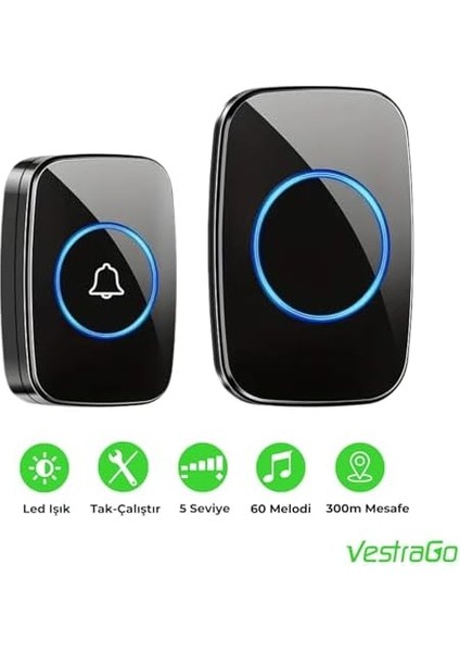 Kablosuz Uzaktan Kumandalı Kapı Zili Mavi LED Işıklı 60 Melodi 300 M Menzil Ev Ofis Depo, Logosuz Tasarım, Hasta Yaşlı ve Bakıma Muhtaçlar Için Acil Çağrı Butonu, Tak Çalıştır, Siyah fiyatları