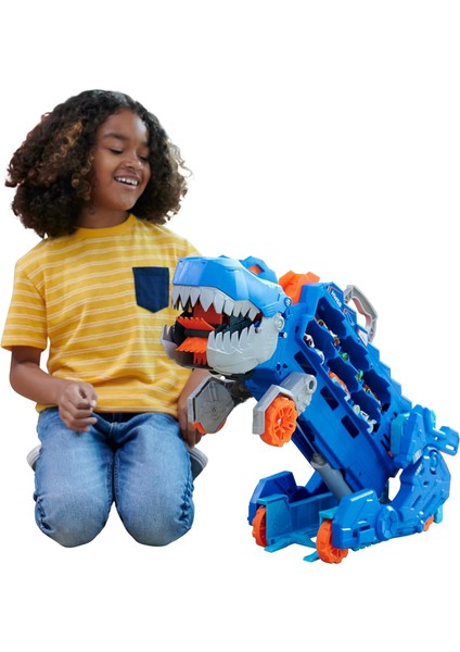 Şehri T-Rex Tır, T-Rex&apos;e Dönüşür, Yarış Pisti Içerir, Işıklı ve Sesli, 20+ 1:64 Ölçekli Araba Için Depolama Alanı, HNG50