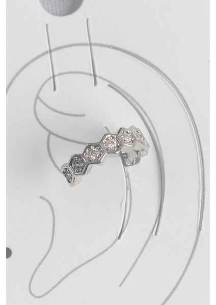 Pirinç Gümüş Renk Bal Peteği Model Zirkon Taşlı Kadın Kıkırdak Küpe - Lisinya