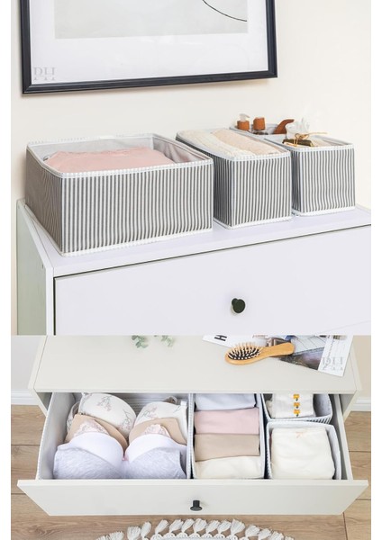 Kapısı 4 Lü Çekmece Düzenleyici Organizer Dekoratif Sepet Hurç (4 Lü Çekmece Çizgili)