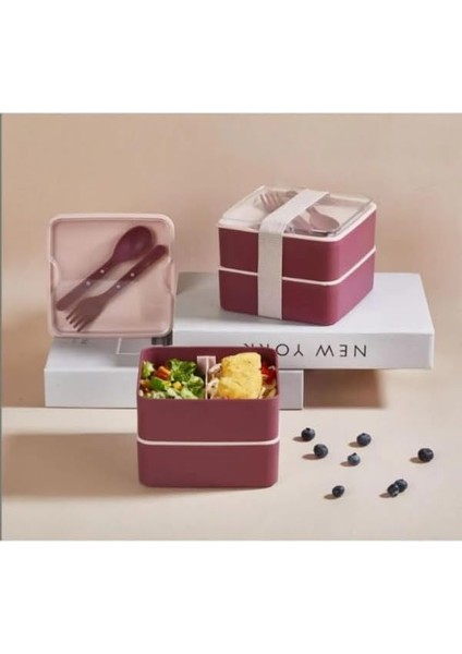 Prime Smart Bölmeli 2 Katlı Çatal Kaşıklı Pembe Beslenme Kabı Kare - Mürdüm