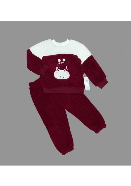 1-2-3 Yaş Ponponlu Zürafa Desenli Kuzu Kumaş Uzun Kollu 2li Kız Erkek Çocuk Takımı Bordo
