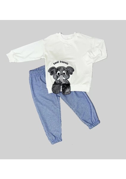 1-2-3 Yaş Filli Sallanan Ayak Desenli Likra Penye Kumaş Sweat Pantolonlu Kız Erkek 2li Çocuk Takımı Beyaz