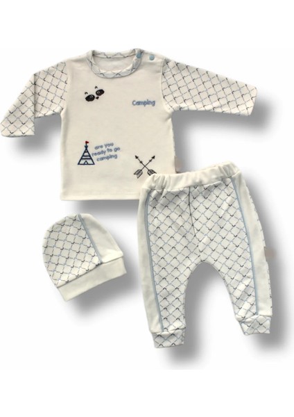3-6 6-9 9-12 Ay My Camping Nakışlı Şapkalı Uzun Kollu Sweatli 3lü Erkek Bebek Takımı Ekru