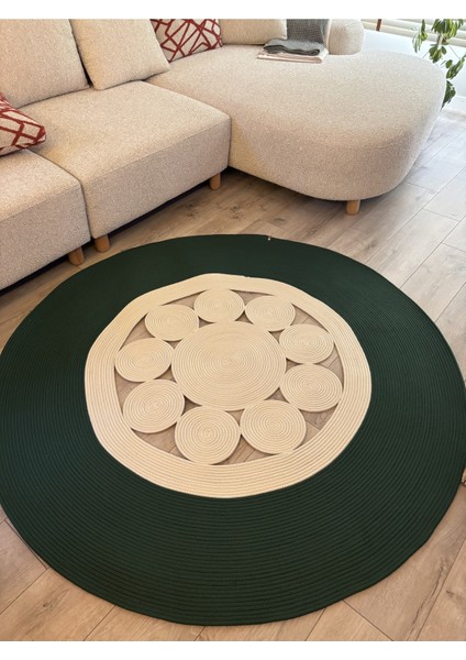 Jutella Hasır Krem Ortası Kurabiyeli Jüt Hasır Yuvarlak Modern Salon Banyo Kilim Halı Paspas Yolluk