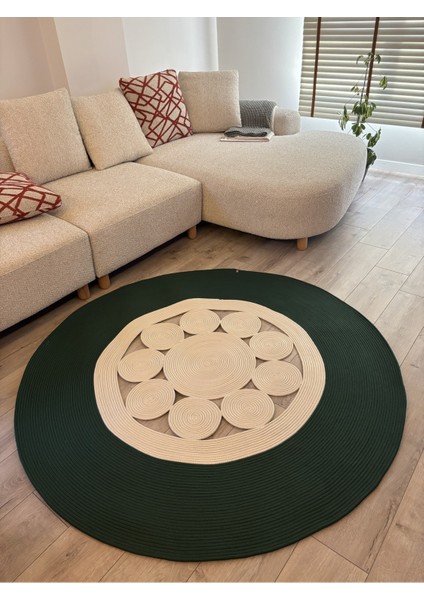 Jutella Hasır Krem Ortası Kurabiyeli Jüt Hasır Yuvarlak Modern Salon Banyo Kilim Halı Paspas Yolluk